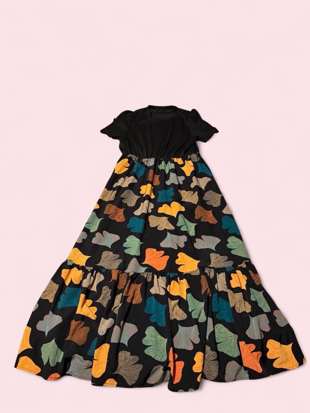 Black Floral-Print Tiered Maxi Dress with Short Sleeves